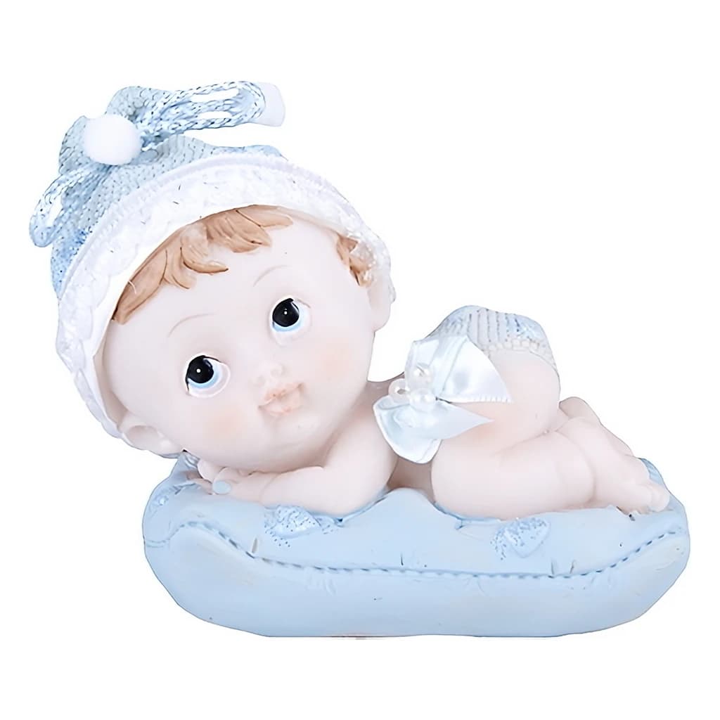 Baby Boy Figurine on Blue Pillow, 9 cm