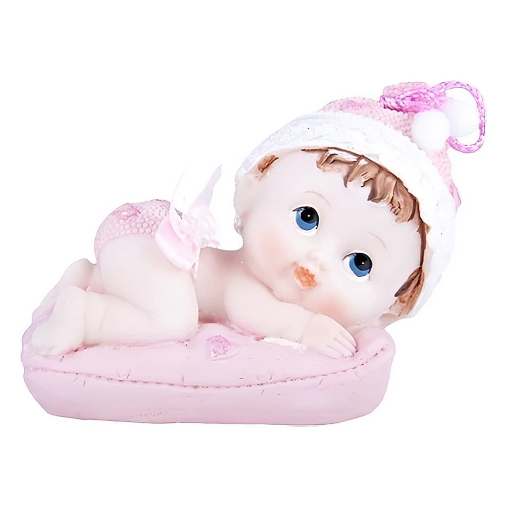 Baby Girl Figurine on Pink Pillow Cake Topper, 9 cm