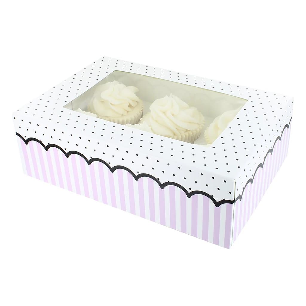 6/12 Cupcake Box, Pink Spots & Stripes – 20 pc