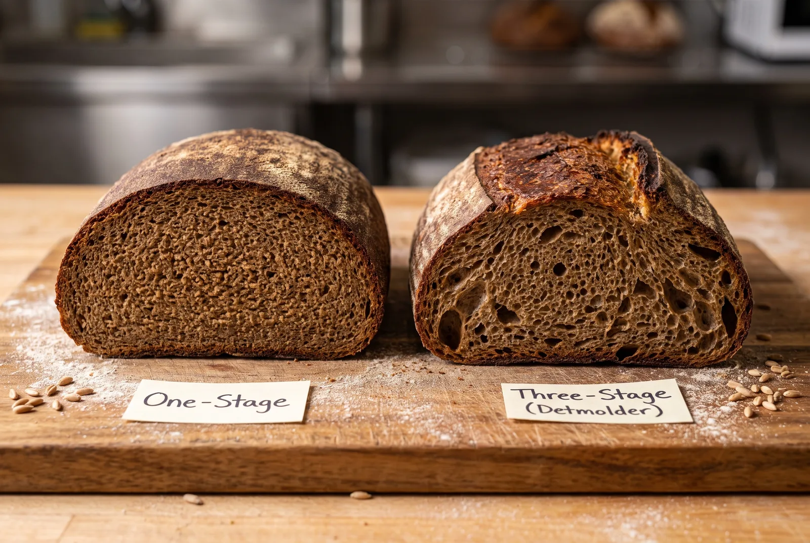 Cross-section comparison of rye bread crumb: one-stage sourdough on the left showing dense uniform crumb, three-stage Detmolder on the right showing slightly more open, evenly developed crumb