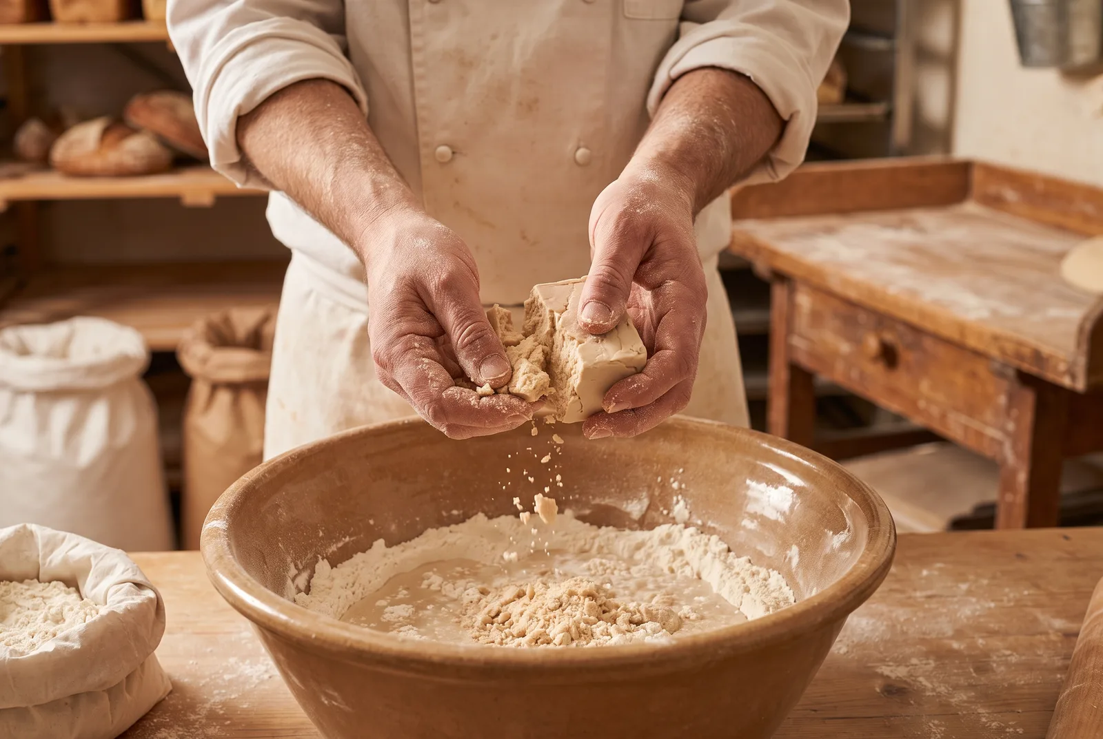 Baker's hands crumbling fresh compressed yeast block into dough, showing the moist, crumbly texture