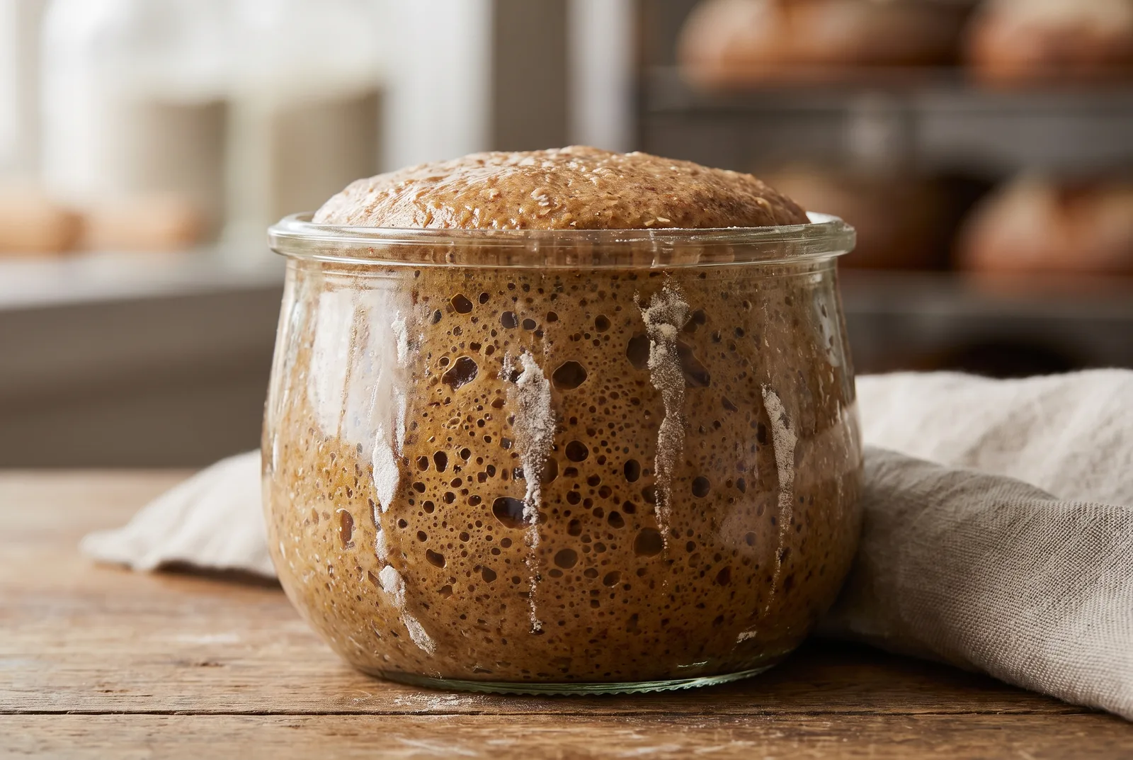 Actively fermenting rye sourdough starter in a glass jar, showing abundant bubbles and risen dome