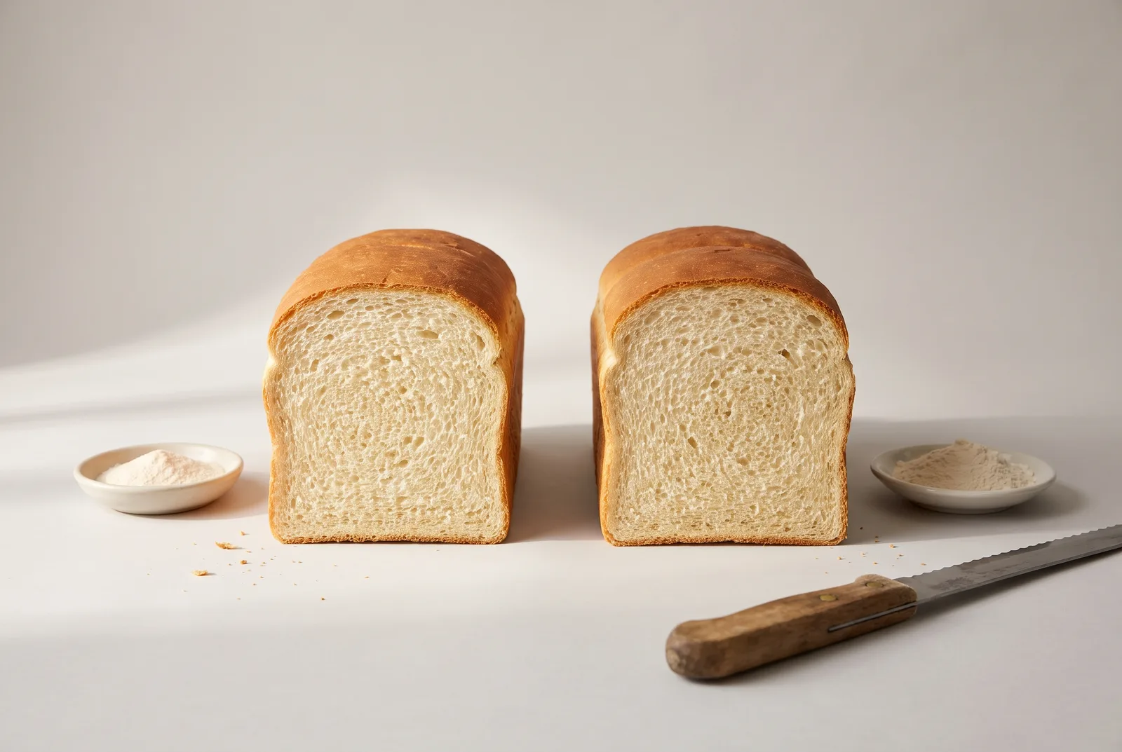 Two matching white tin loaves cut to show near-identical crumb, standing side by side on a pale grey studio background with small dishes of pale powder and a bread knife.
