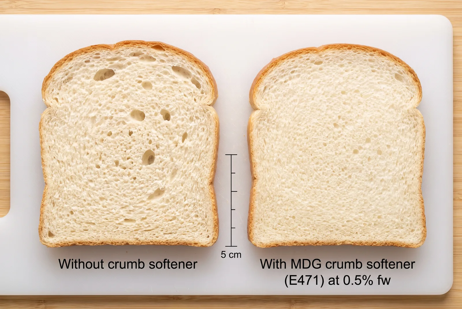 Side-by-side bread crumb cross-sections showing firmer crumb without emulsifier versus softer crumb with MDG (E471) crumb softener on day 3