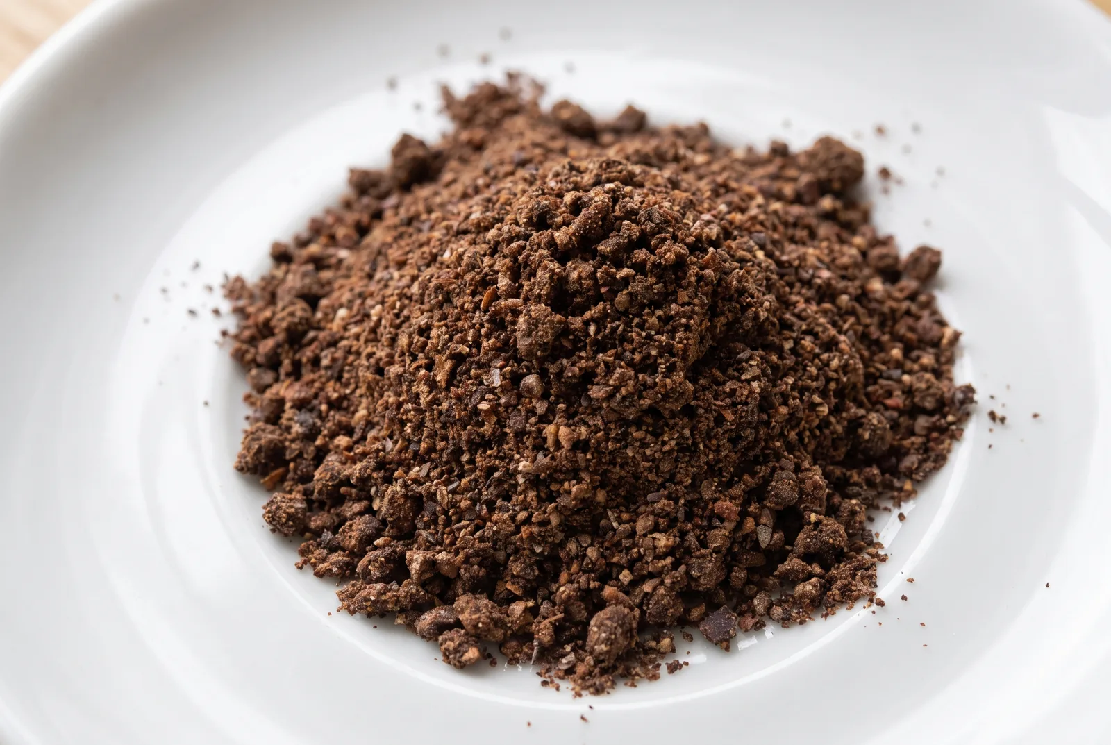 Close-up of Lithuanian dark rye malt flour showing irregular brown granules, illustrating the malt flour's coarser particle texture compared to fine white flour