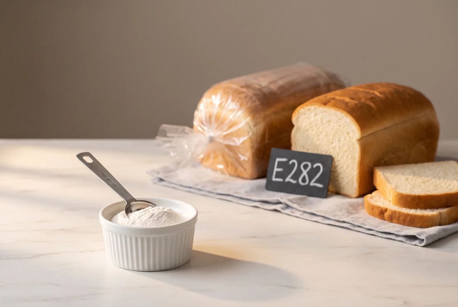 A ramekin of fine white calcium propionate powder with a precision dosing spoon on a marble bench, beside a sliced sandwich loaf wrapped in plain film and an unwrapped fresh loaf