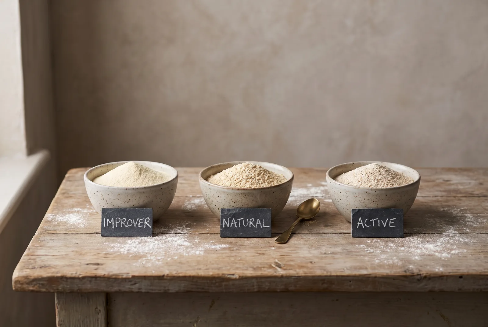 Three stoneware bowls of subtly different cream and beige bread improver powders lined up on a floured wooden bench, each with a small handwritten slate label