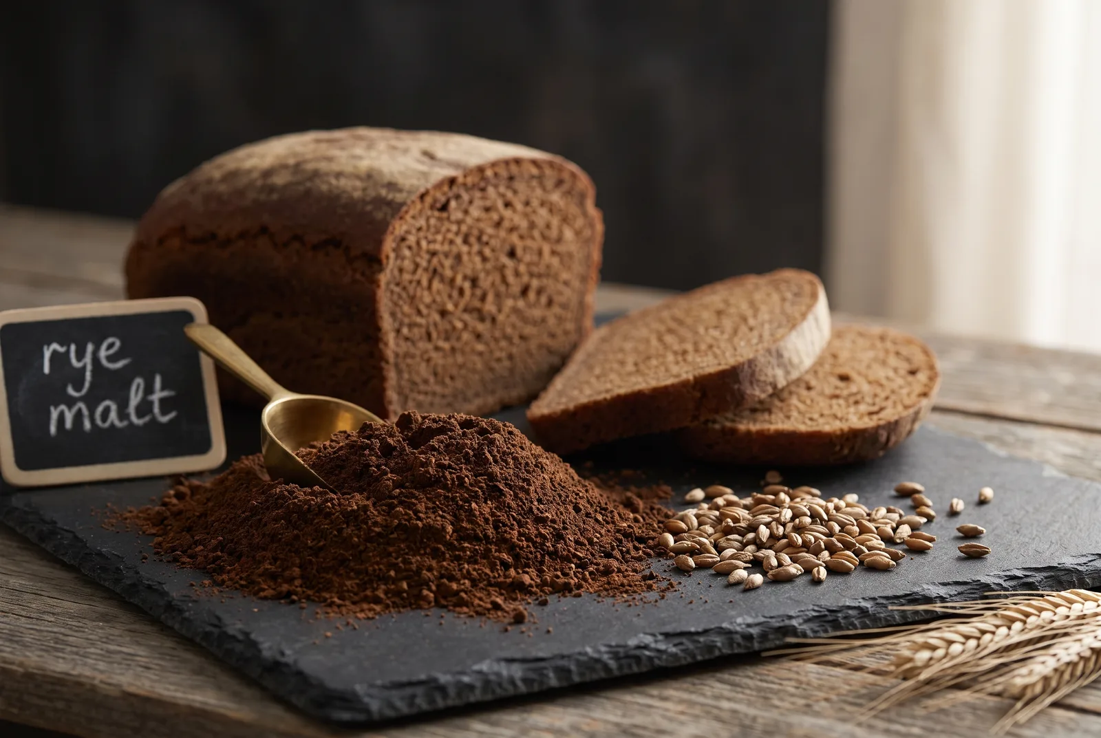 A pile of deep chocolate-brown ground rye malt with whole malted rye grains on dark slate, in front of a sliced dark rye loaf showing its dense brown crumb