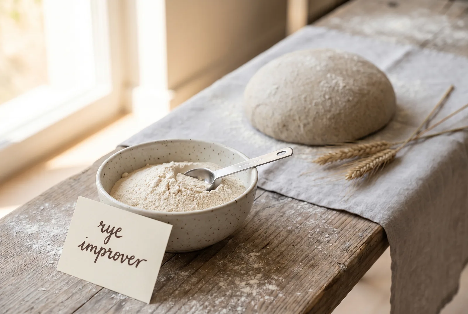 A stoneware bowl of pale cream rye improver powder beside a rounded grey-tan rye-wheat dough piece and ears of rye on a floured bench