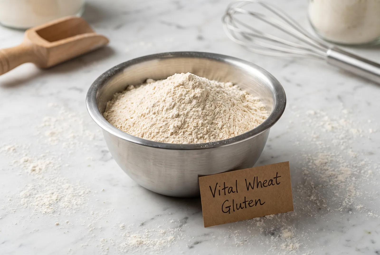 Cream-coloured vital wheat gluten powder in a stainless steel bowl on a bakery worktop