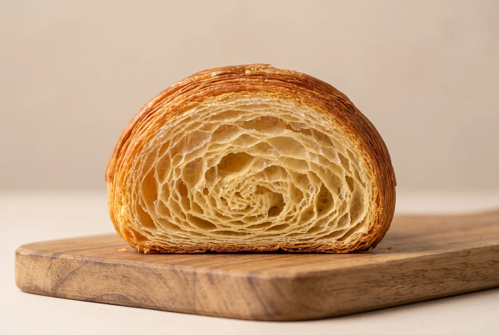 Close-up cross-section of a freshly baked croissant revealing hundreds of thin, distinct pastry layers separated by air pockets from the roll-in fat lamination process