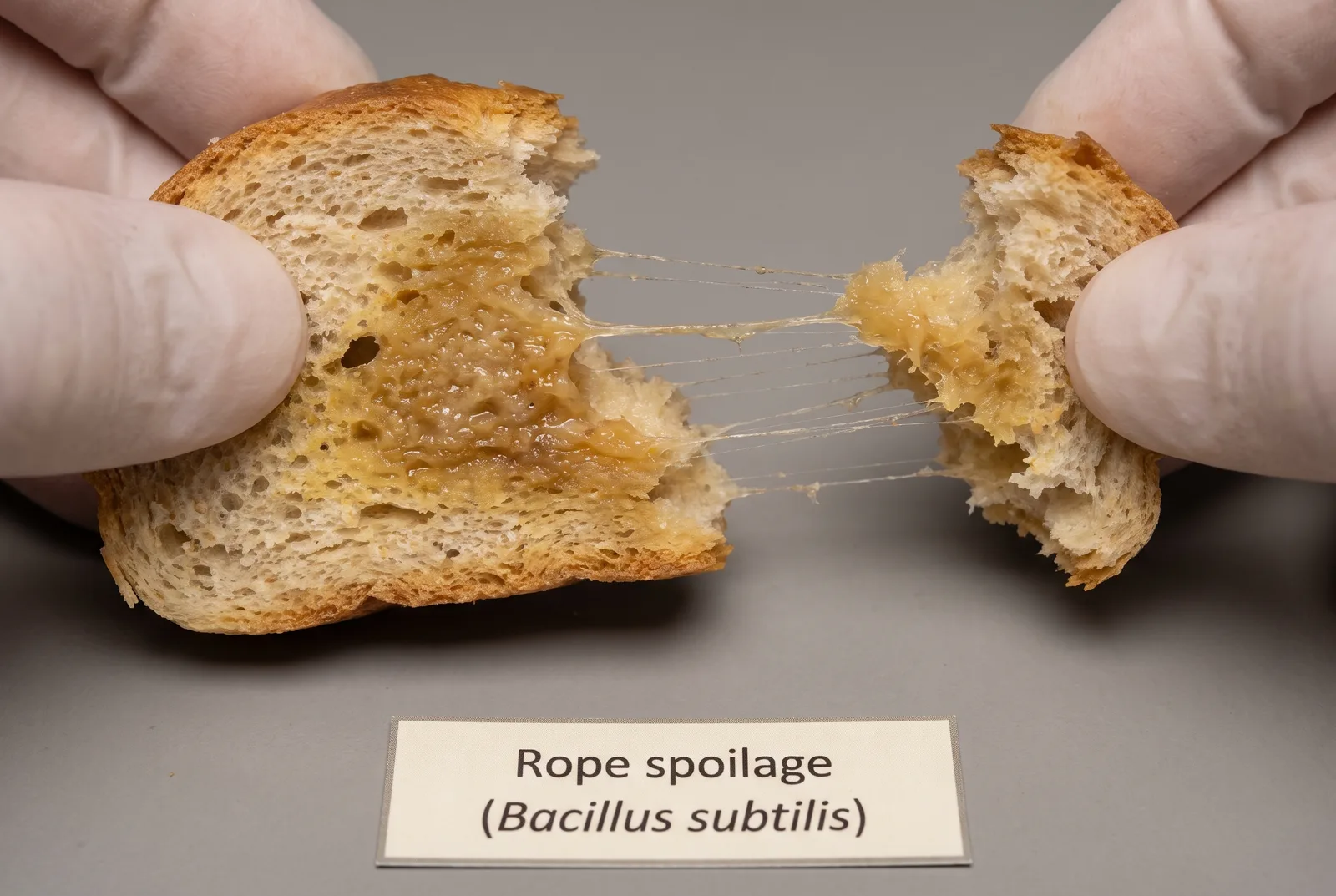 Close-up photograph of bread crumb showing rope spoilage: sticky discoloured crumb with fine threads stretching between two pieces being pulled apart