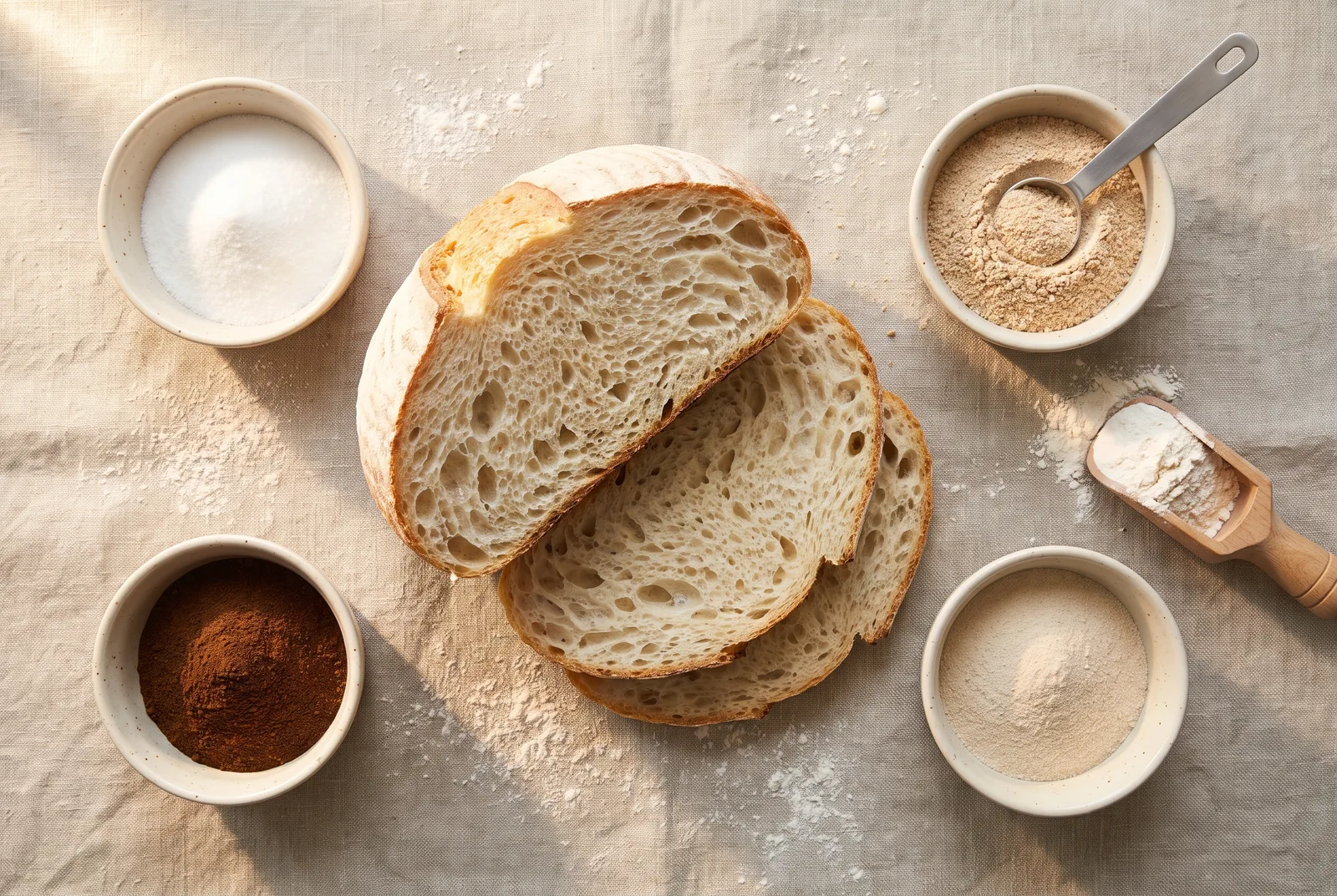 Overhead flat-lay of small stoneware ramekins holding different pale and dark baking powders arranged around a sliced high-rise white loaf with an open even crumb, on oatmeal linen dusted with flour.