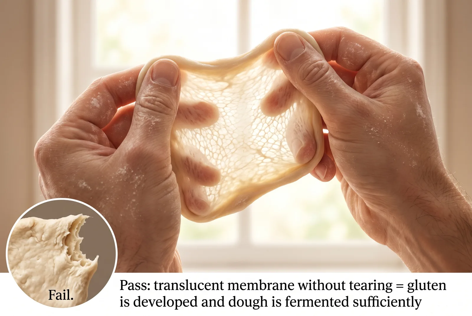 Baker's hands stretching a thin piece of fermented dough to translucency in a windowpane test, showing intact gluten network