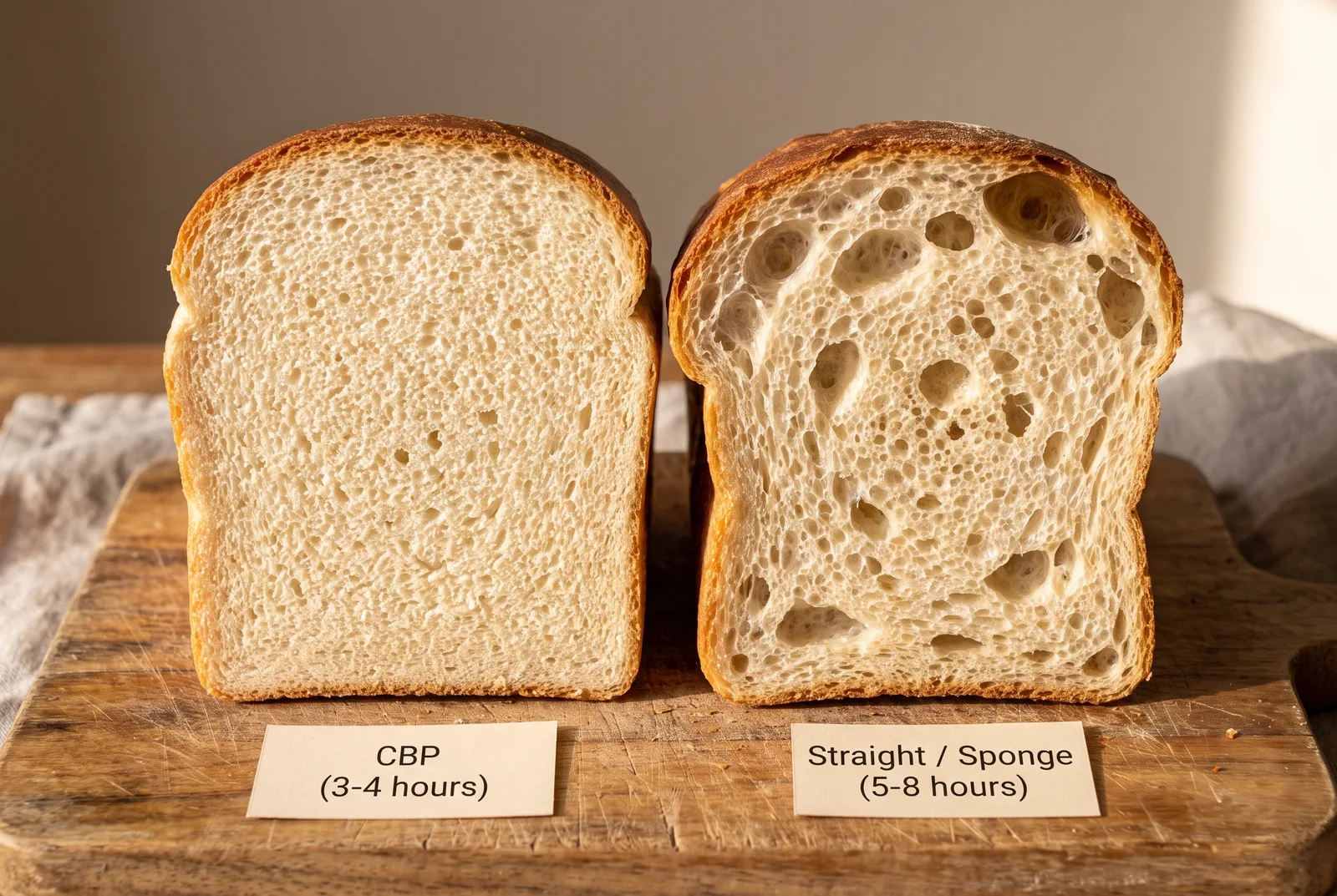 Two sliced loaves side by side: left shows a fine, uniform crumb typical of Chorleywood Process white bread; right shows an open, irregular crumb with larger holes typical of slow-fermented artisan bread