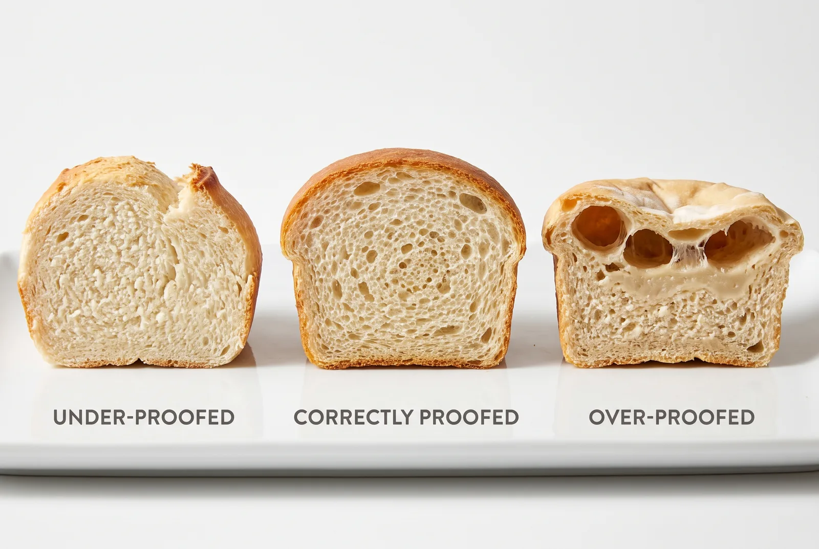 Cross-section comparison of under-proofed, correctly proofed, and over-proofed bread rolls showing crumb structure differences