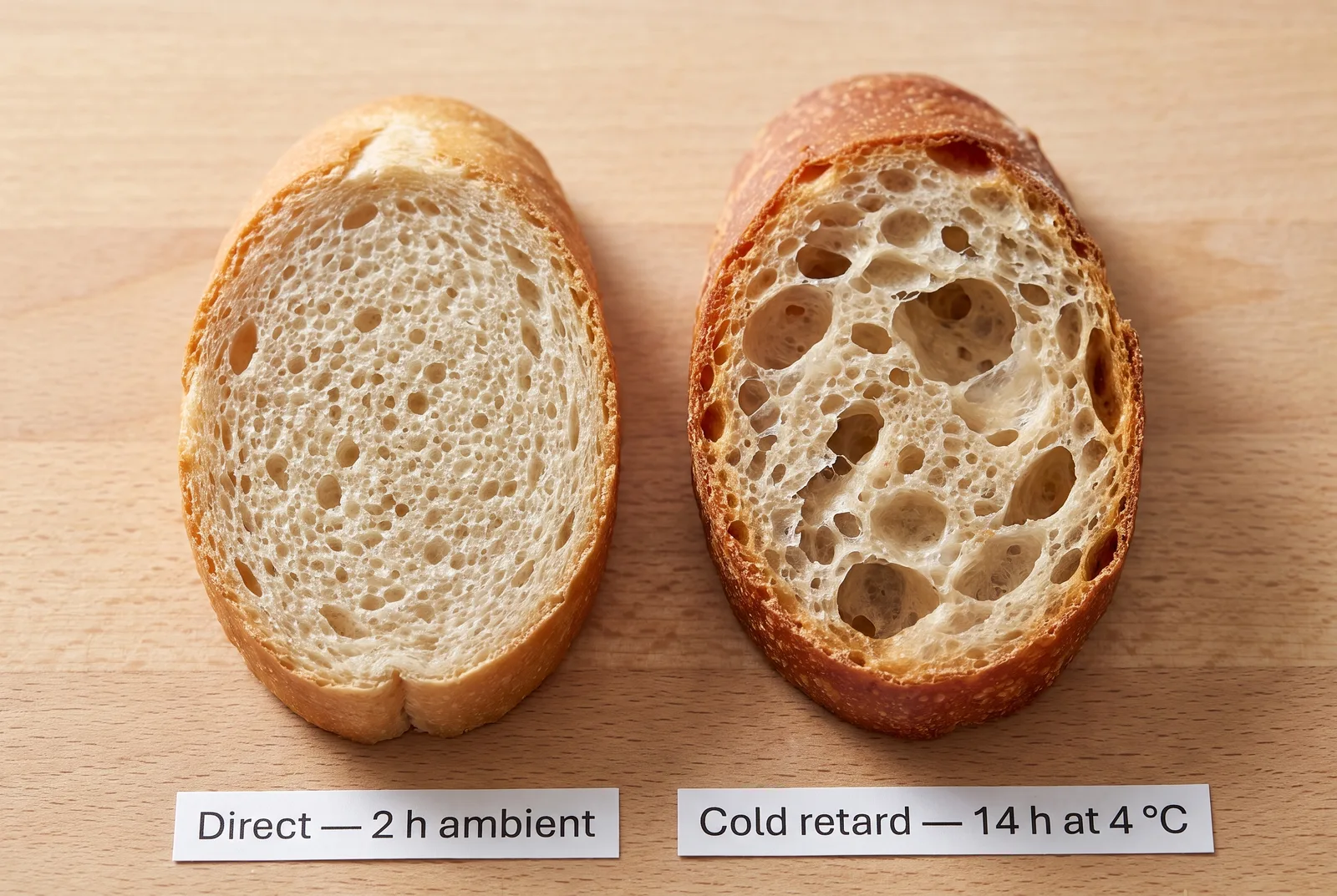 Cross-section comparison of baguette crumb: direct-baked at left with small uniform bubbles; cold-retarded at right with open irregular alveolar structure