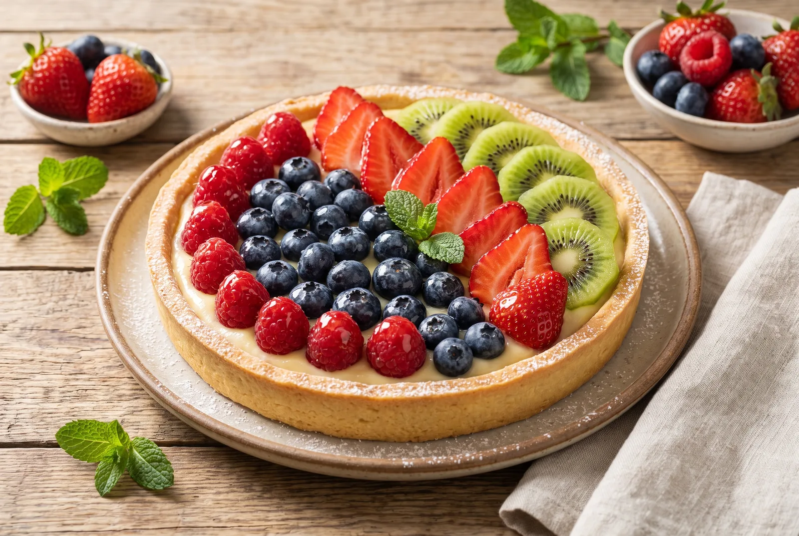 French fruit tart with pastry cream filling and glazed fresh fruit topping