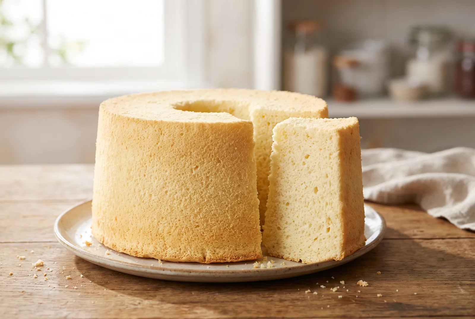 Slice of chiffon cake showing a tall, airy, moist crumb