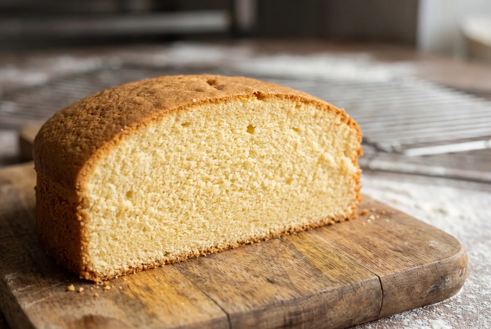 Sliced genoise showing a fine, even, springy sponge crumb