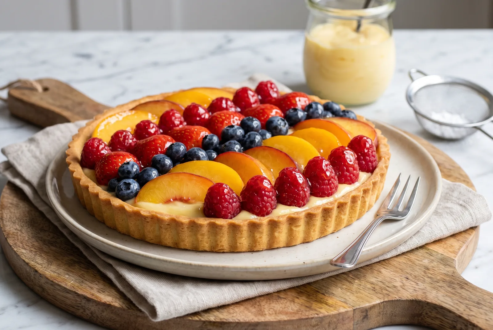 Pâte sucrée fruit tart with a crisp golden shell, custard and glazed fruit