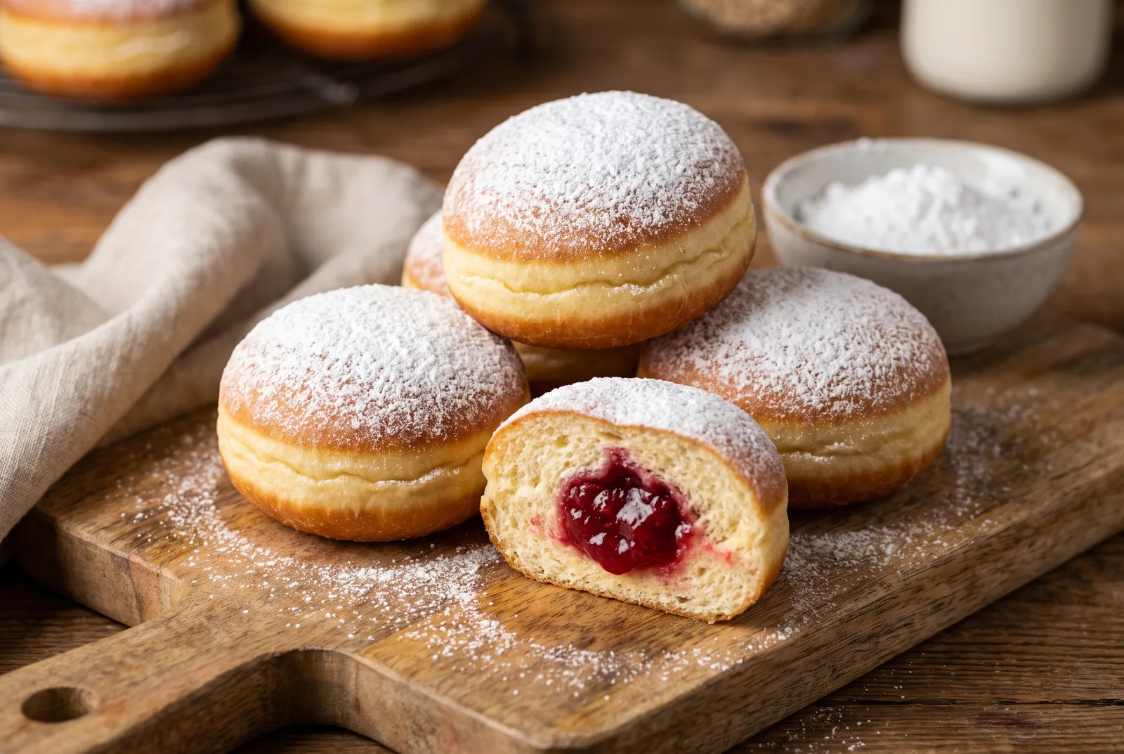 Sugar-dusted Berliner doughnuts, one cut open to show the filling and fried ring