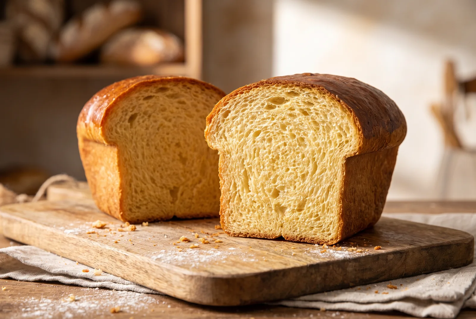 Sliced brioche showing a fine, golden, tender crumb