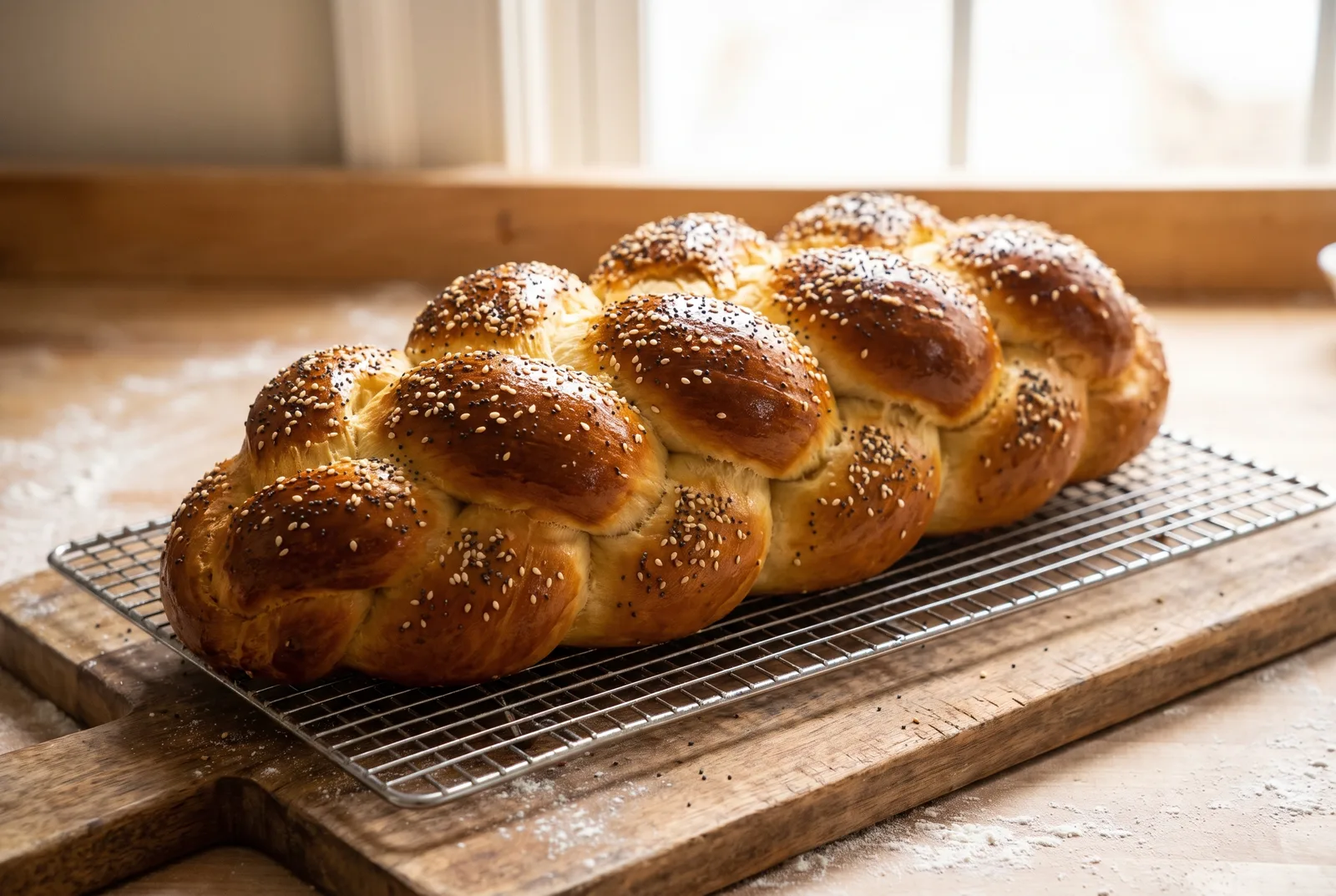 Baked golden braided challah topped with sesame and poppy seeds