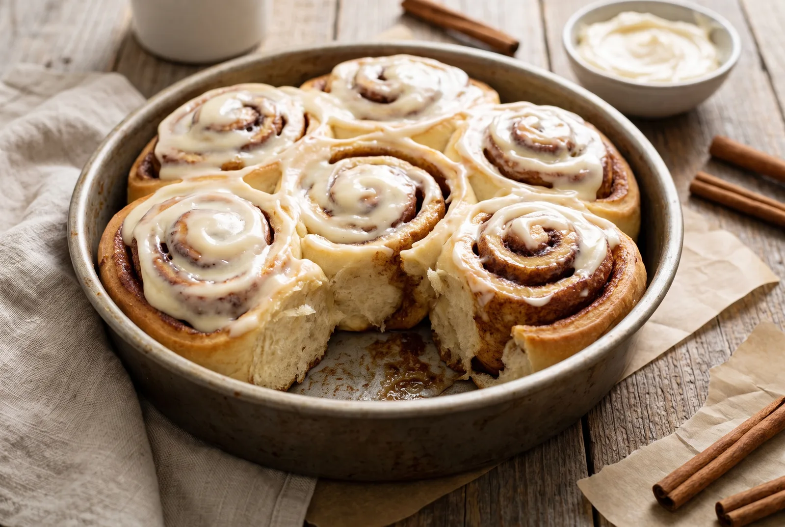 Baked cinnamon rolls with cream-cheese frosting, one pulled apart to show the spiral