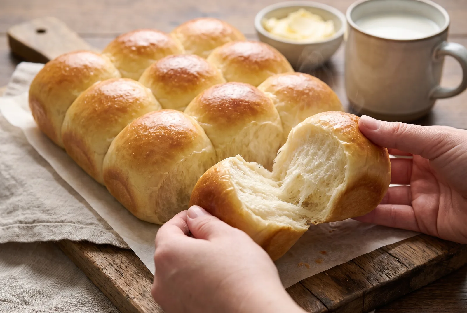 Soft pull-apart milk-bread buns showing a fluffy shreddable crumb