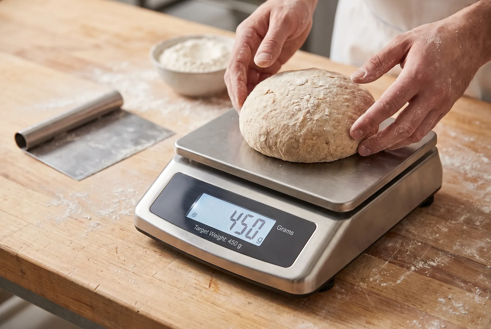 Dough piece being weighed on a digital bench scale to a target scaling weight