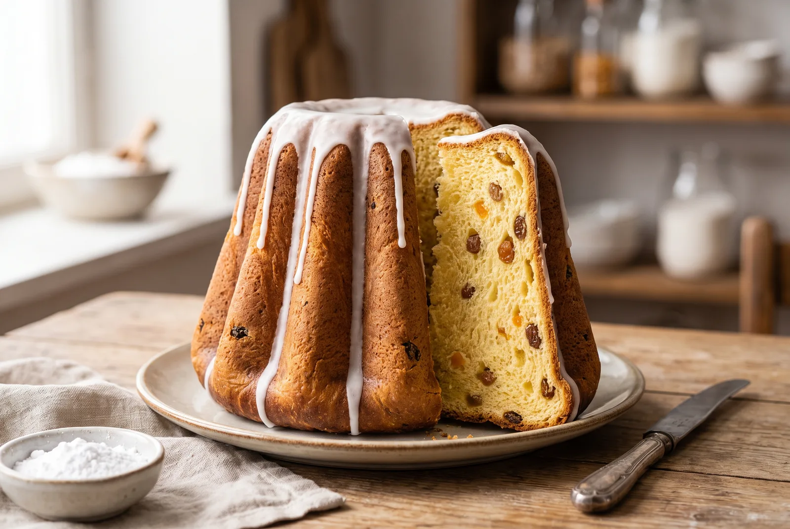 Iced fluted babka drożdżowa with raisins in a soft yellow crumb