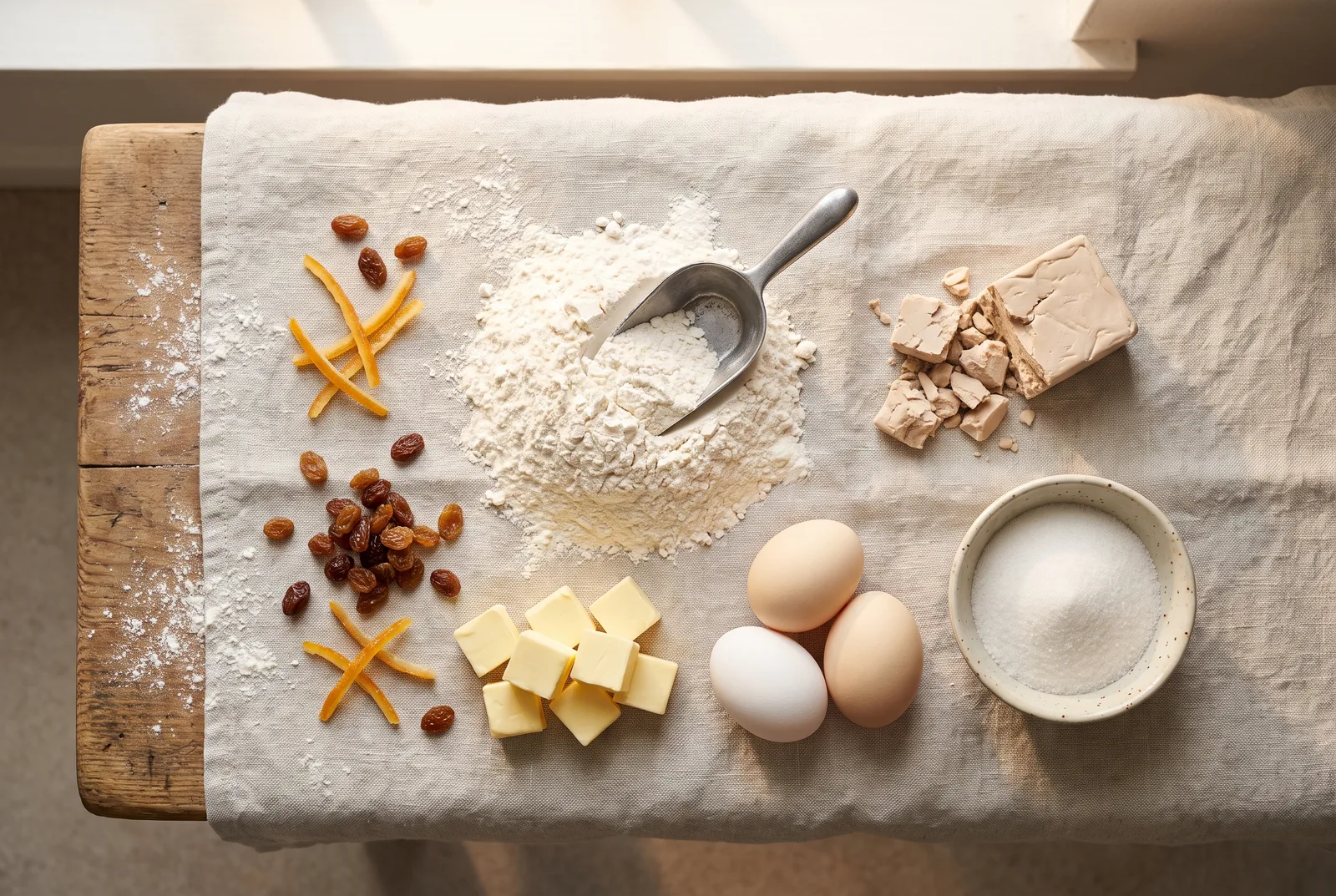 Overhead flat-lay of Polish enriched yeast dough ingredients on pale linen: a mound of white T500 flour with a brass scoop, a crumbled block of fresh yeast, cubed butter, whole eggs, a bowl of sugar, with raisins and candied orange peel scattered alongside