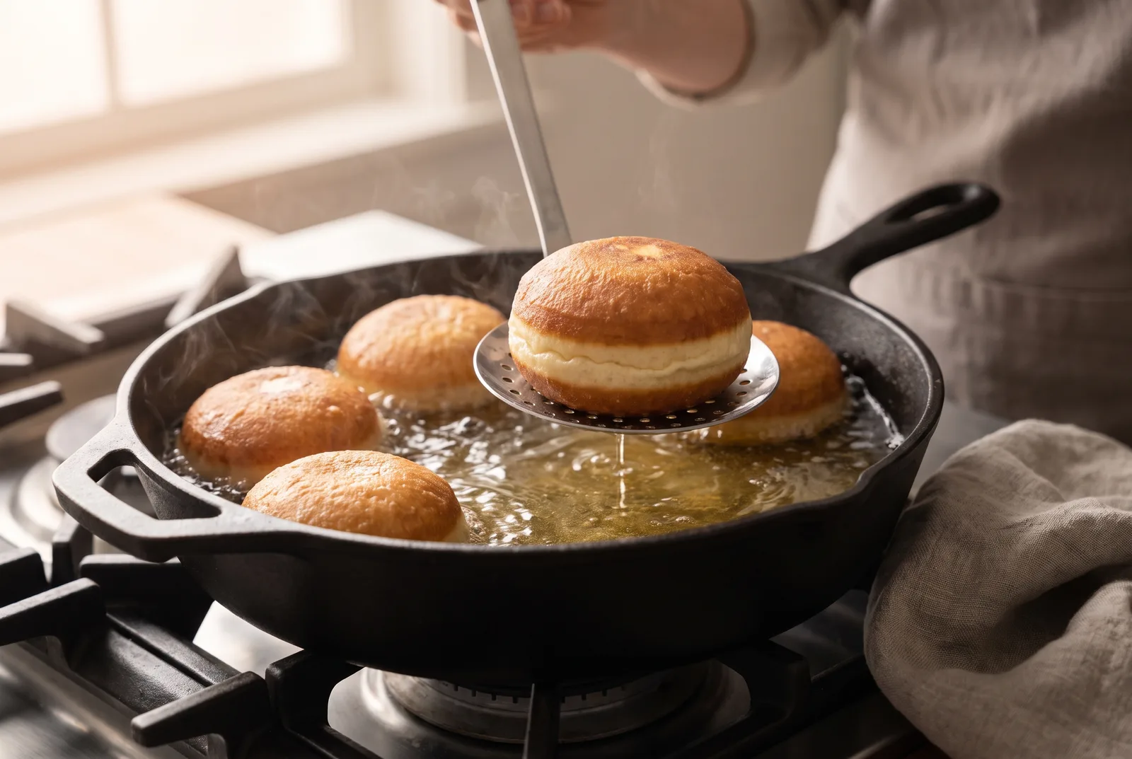 Pączki floating mid-fry in clean golden fat in a dark fryer pan, one being turned with a stainless slotted spoon to reveal the pale equator band forming between its golden fried surfaces