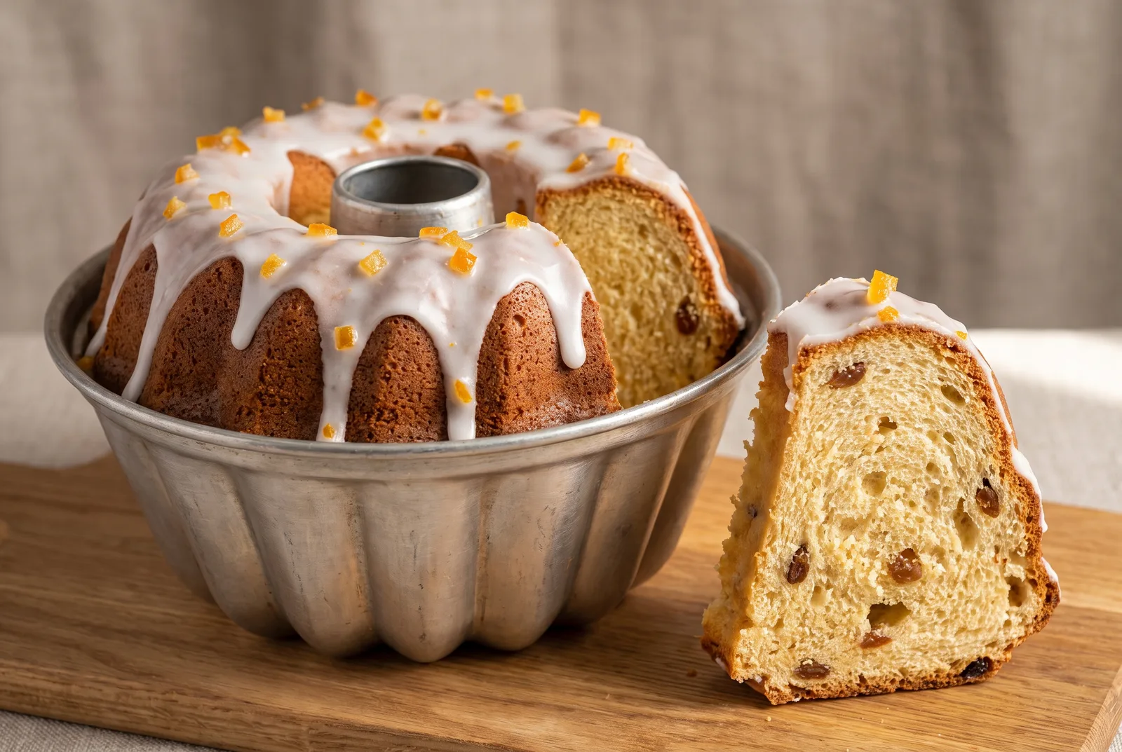 Tall fluted Easter babka glazed white with a tender crumb slice