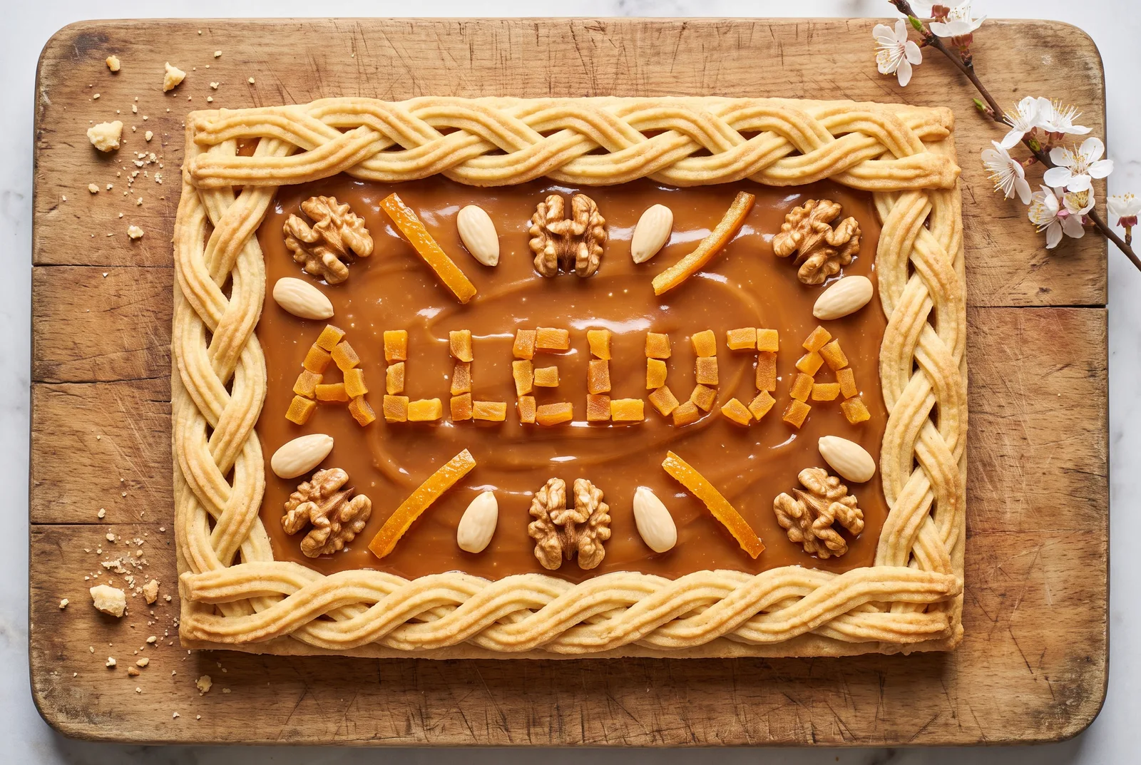 Decorated Easter mazurek with lattice edge, kajmak and nut decoration