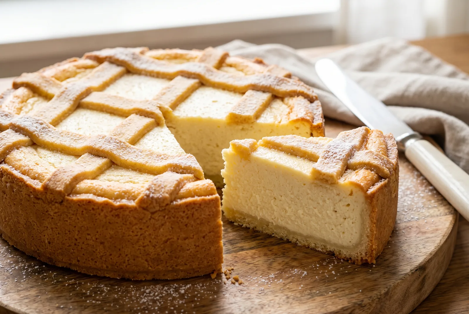 Baked Polish sernik krakowski with a lattice top and smooth curd crumb