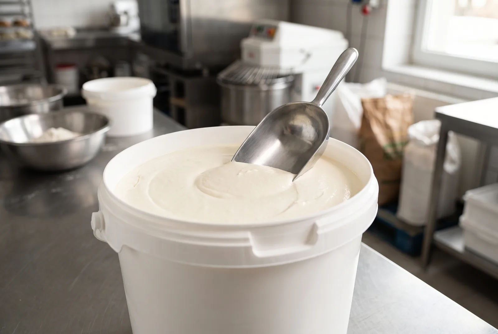 Bucket of ready ground cheesecake curd cheese (twaróg sernikowy)