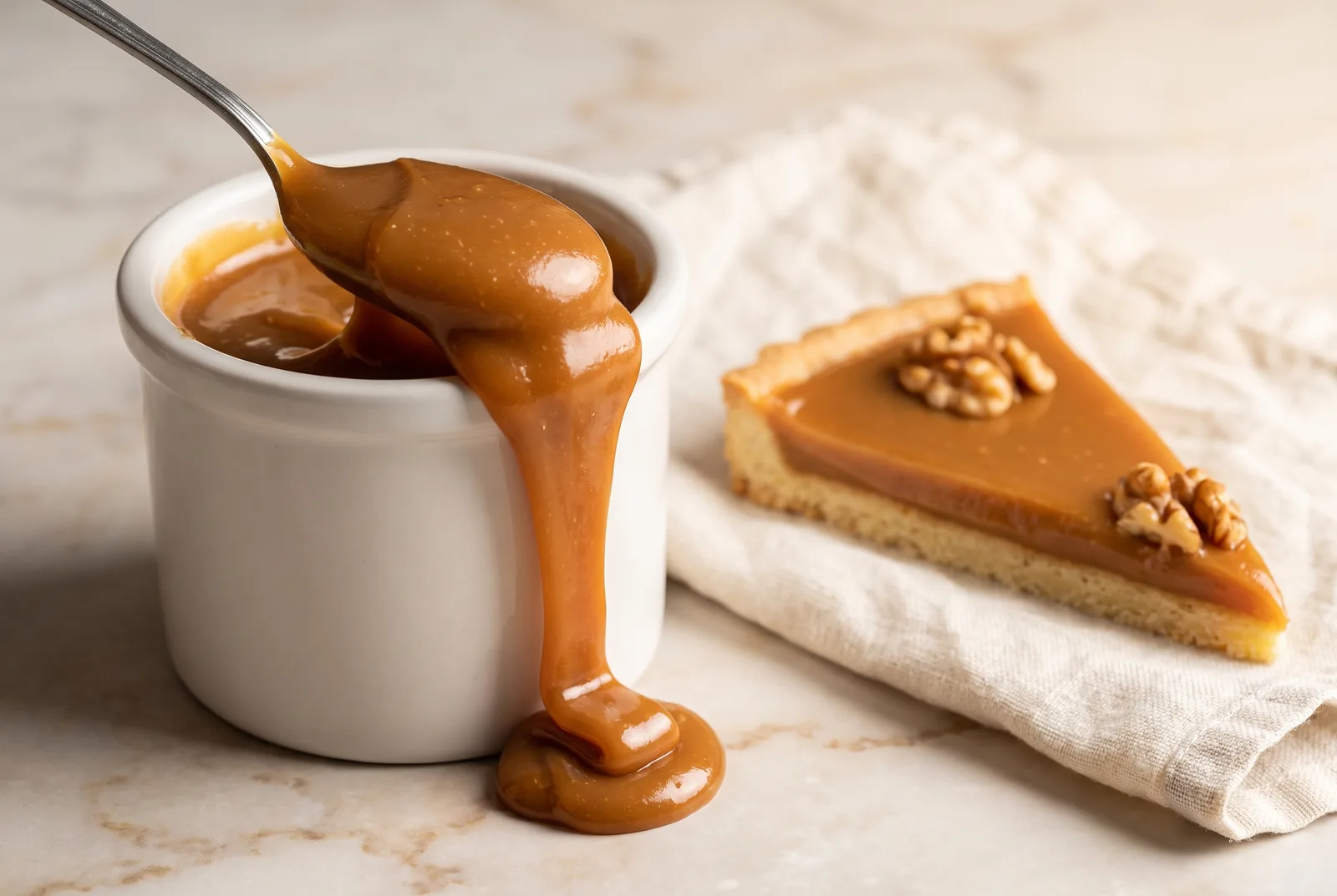 A spoon lifting thick amber kajmak from a plain white crock with a heavy ribbon of the milk caramel falling back into it, beside a slice of mazurek tart topped with a smooth kajmak layer and walnut halves on warm marble