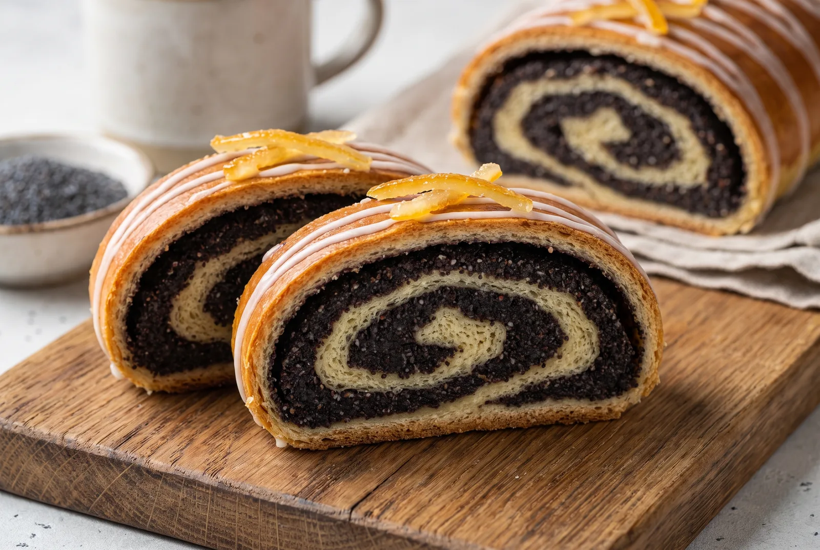 Sliced makowiec showing the poppy-seed filling spiral
