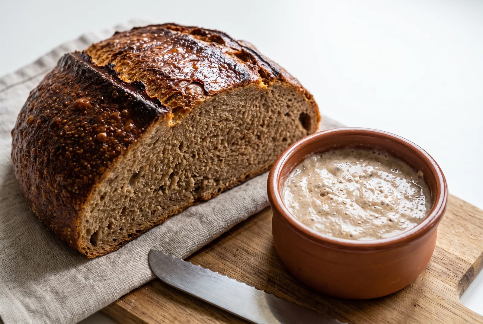 Sliced Polish rye sourdough bread with a bowl of rye starter (zakwas)