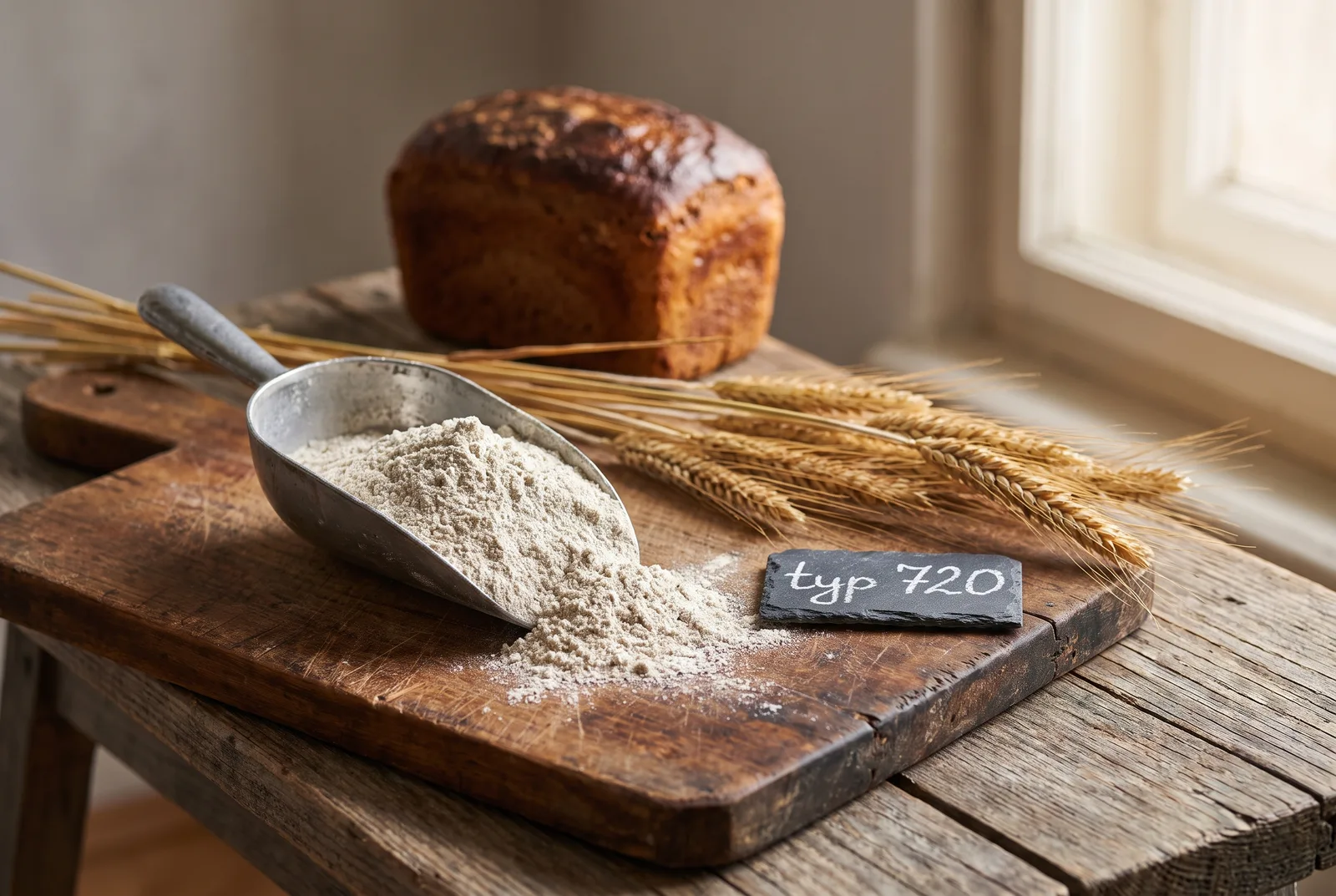 A metal scoop of grey-cream Polish rye flour typ 720 spilling onto a dark wooden board with whole rye ears beside it, a handwritten slate label reading typ 720, and a small dark rye loaf softly blurred behind