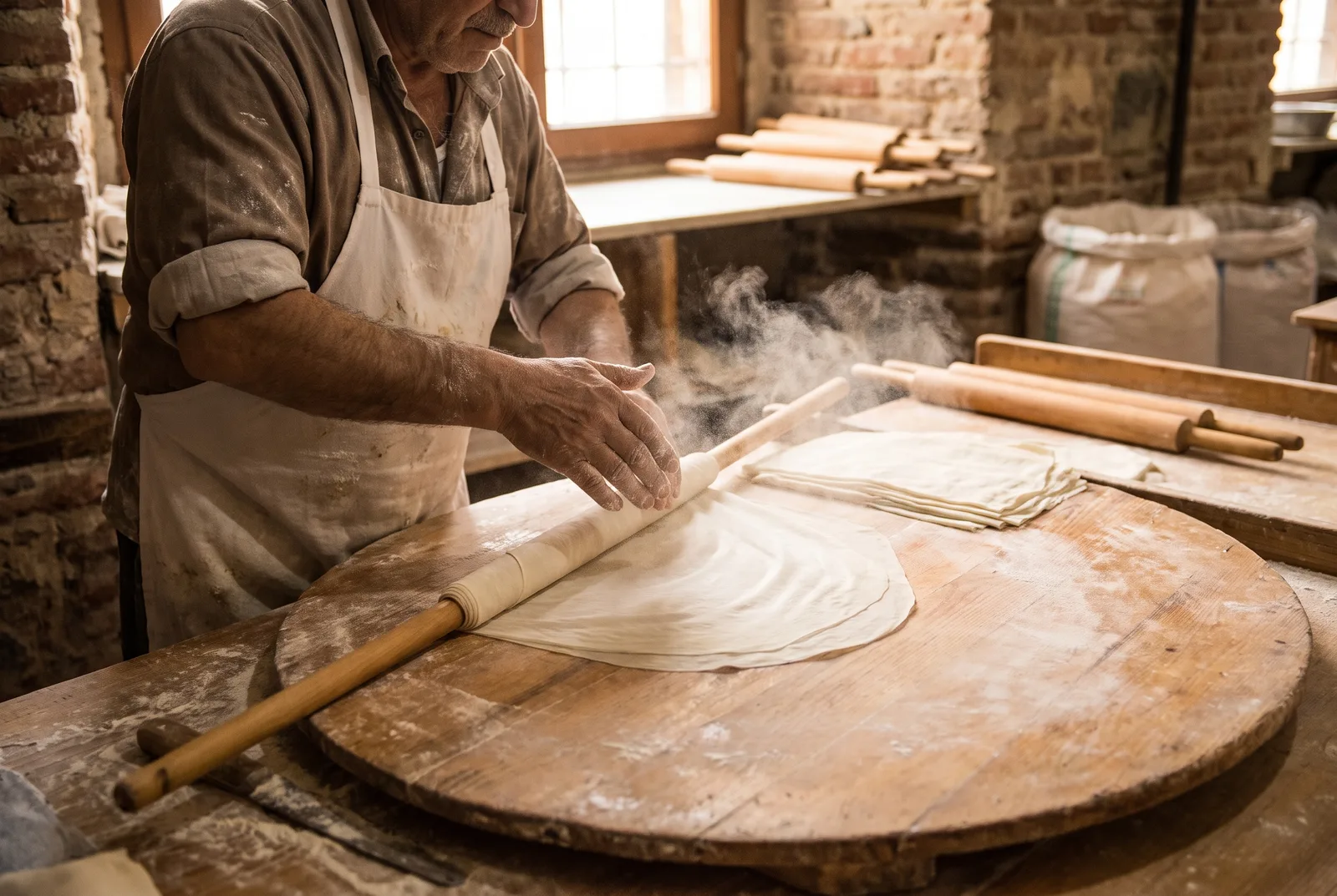 Baker rolling paper-thin baklava yufka on a long oklava, dusting starch over a stack of near-translucent sheets