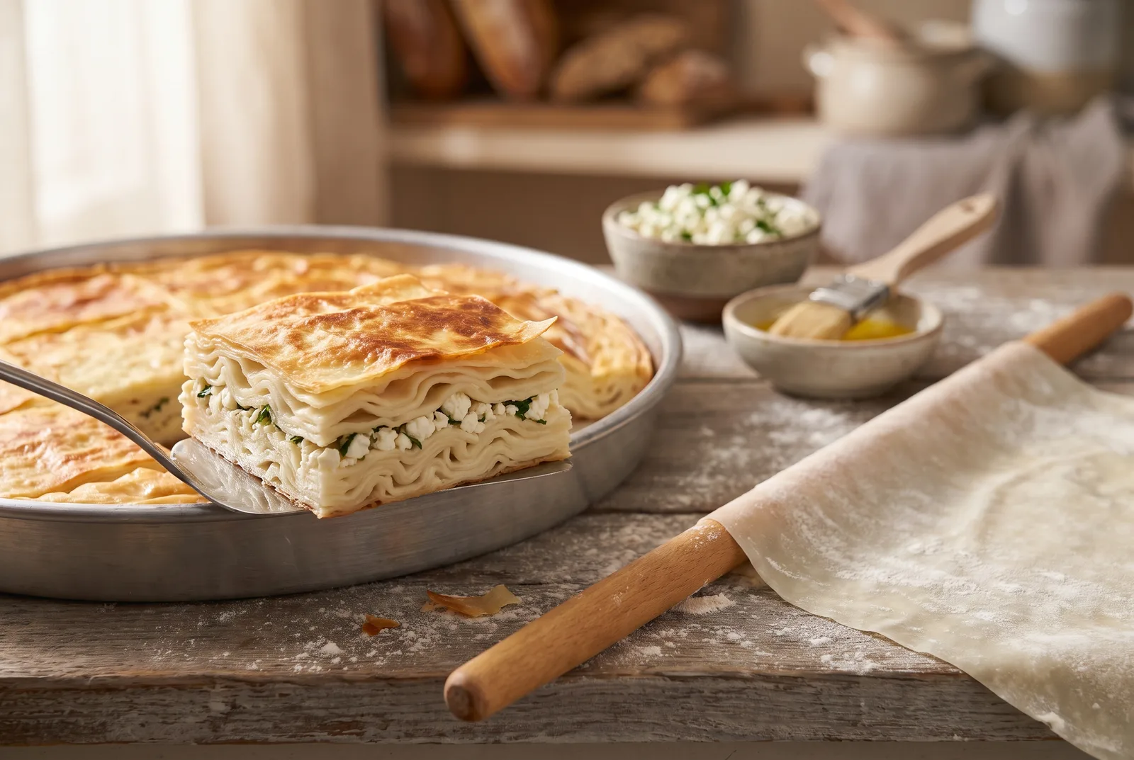 A cut square of su böreği lifted from its round metal tray, the cross-section revealing soft wavy yufka layers around a white cheese and parsley filling, with a thin yufka sheet and oklava rolling pin behind.