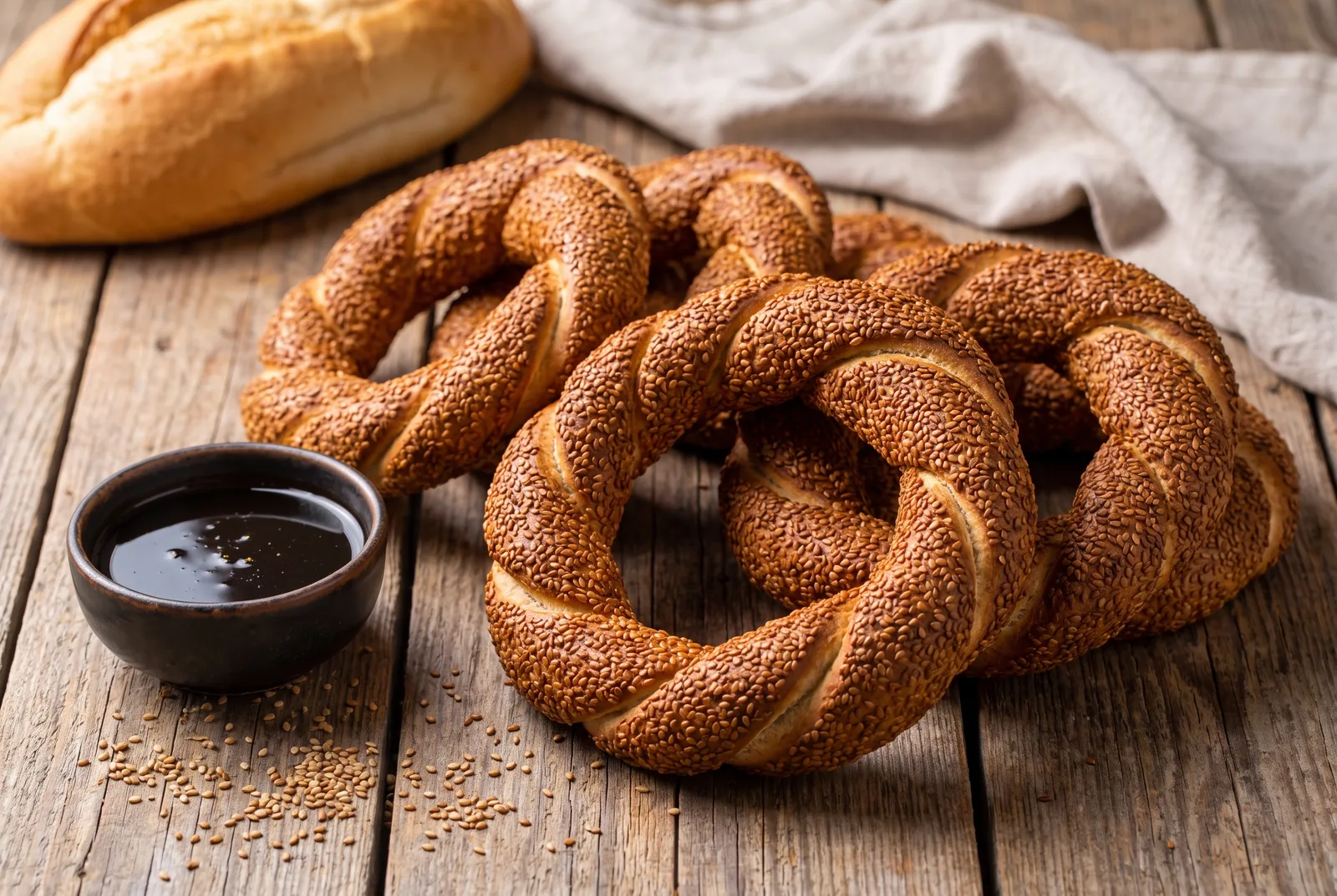 Ring-shaped simit breads with a burnished crust fully coated in toasted sesame seeds.