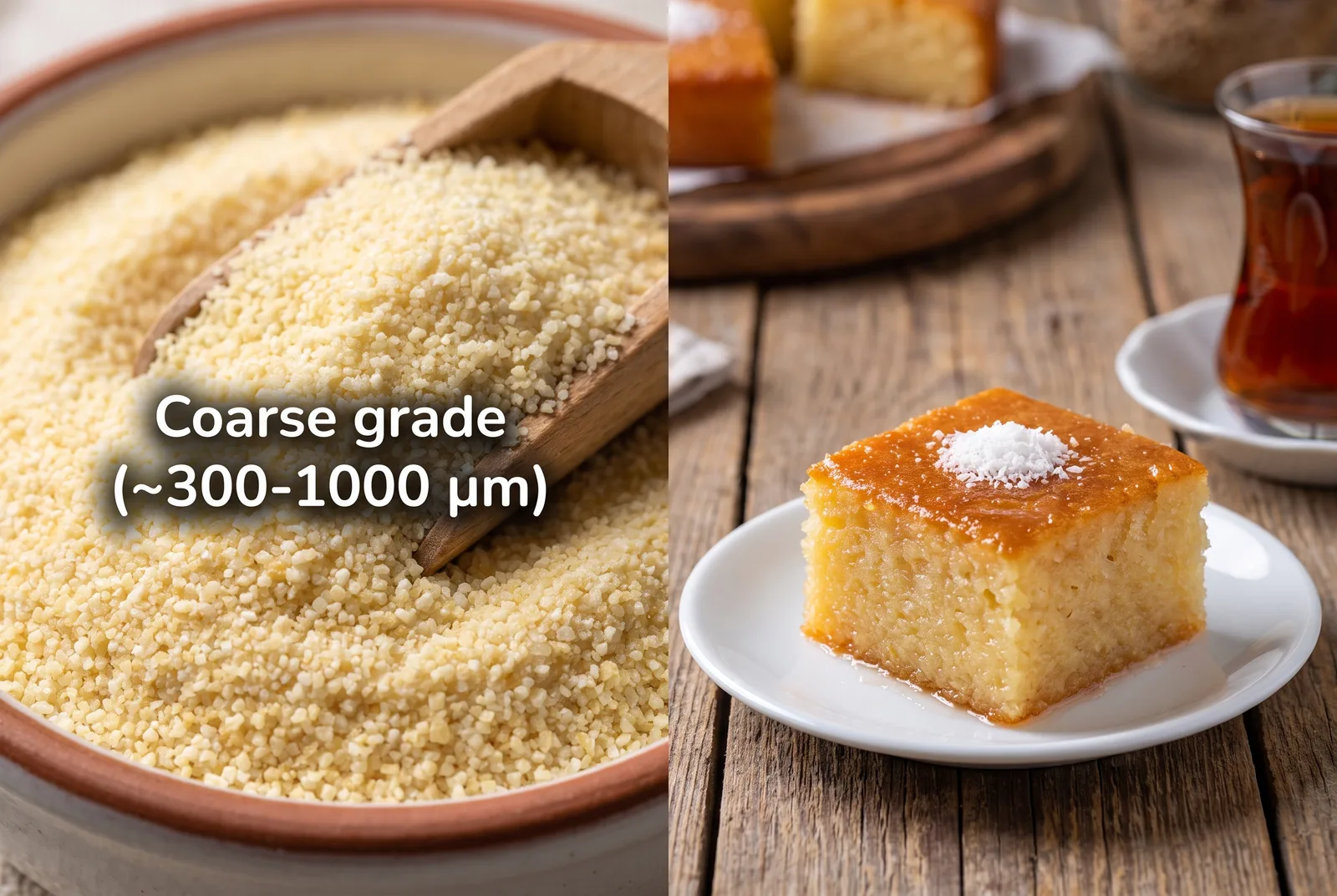 Close-up of coarse creamy-yellow durum semolina beside a syrup-soaked revani sponge slice.