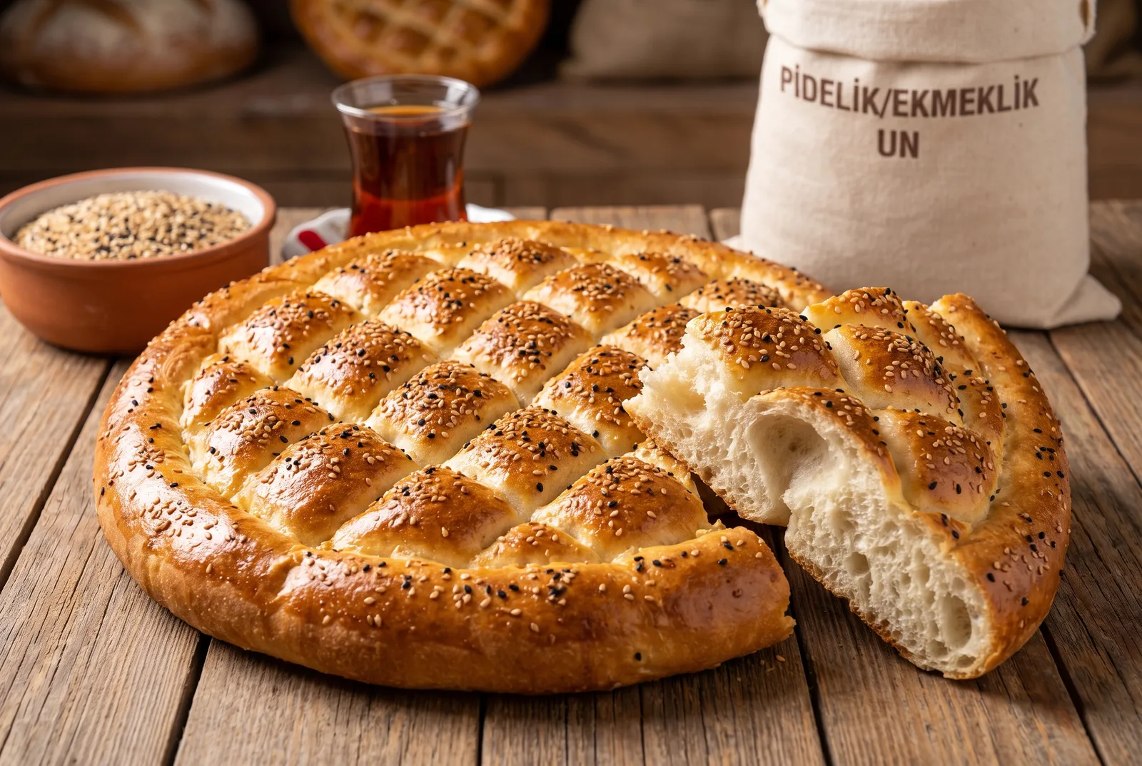 Round flat Ramazan pidesi with a diamond lattice scored top, sesame and nigella seeds, and a soft open crumb.