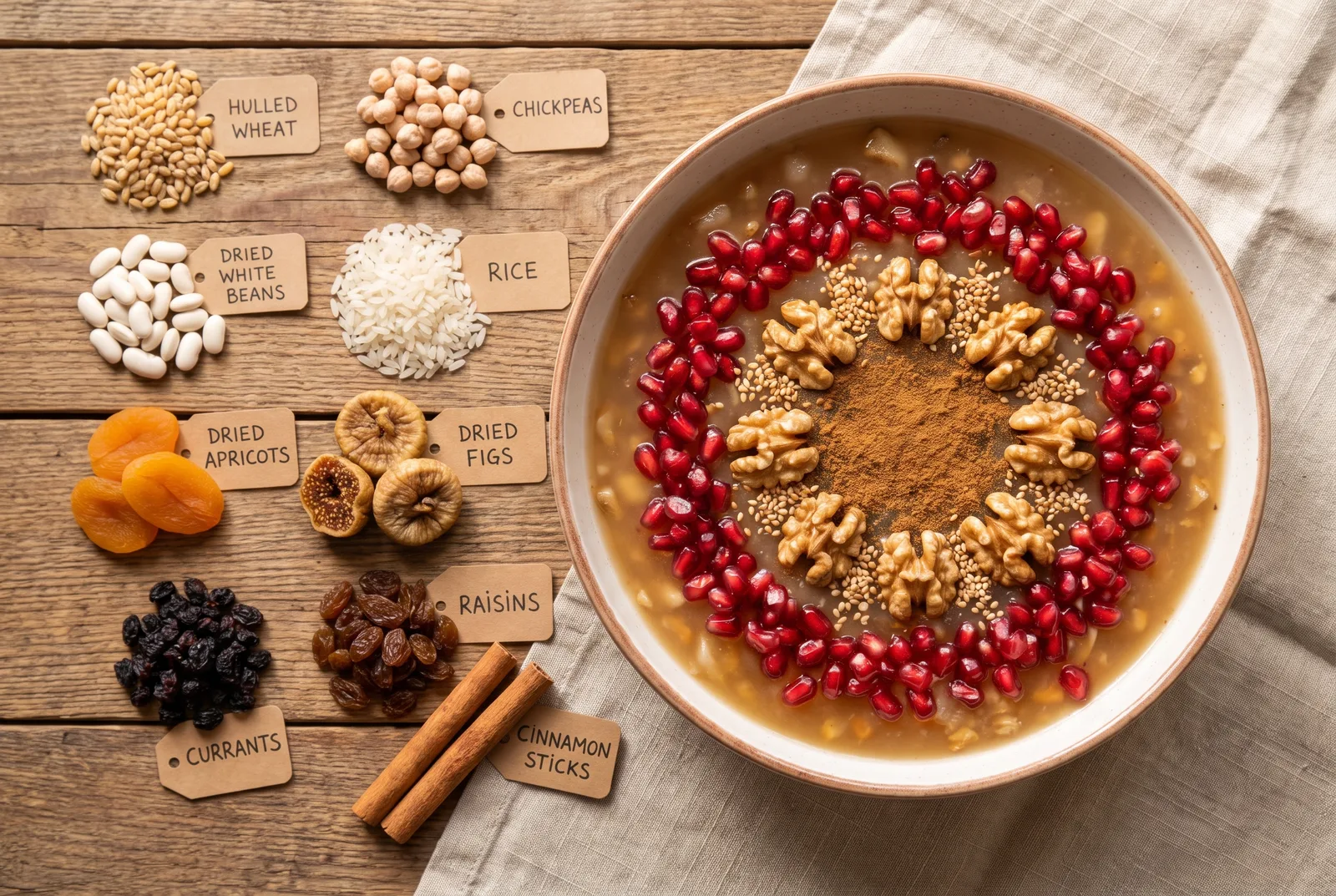 Bowl of garnished aşure next to a flat-lay of its ingredients — wheat, chickpeas, beans, rice, dried fruit and cinnamon