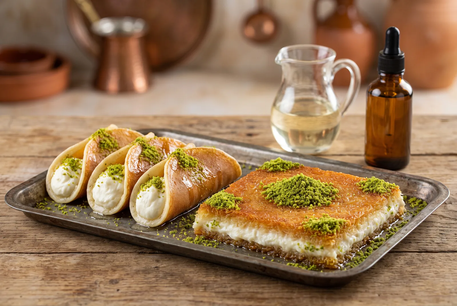 Ashta-filled knafeh and cream qatayef finished with floral syrup and pistachio