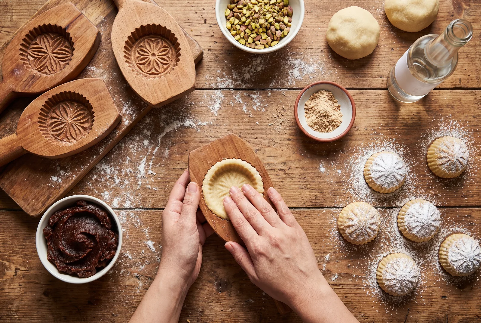 Maamoul dough stamped in carved wooden moulds with date and pistachio fillings